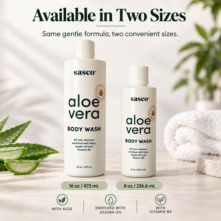 Two white Sasco Aloe Vera Body Wash bottles shown in two sizes (16 oz and 8 oz) on a light marble surface with aloe vera leaves and a folded white towel in the background. Text at the top reads 'Available in Two Sizes' and the bottom features feature icons.